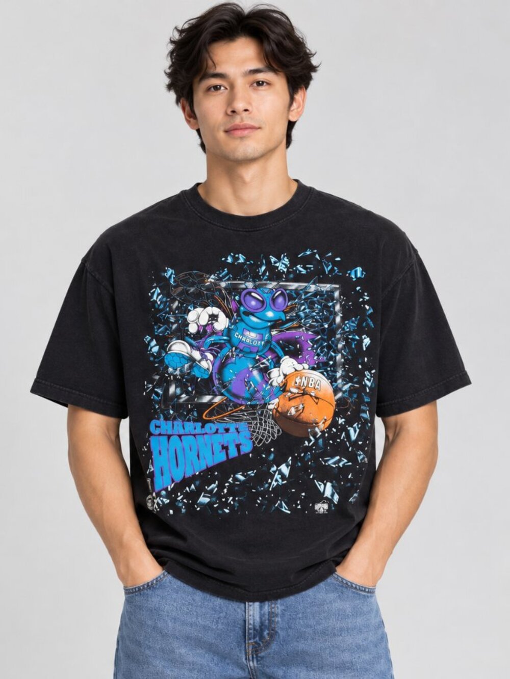 Vintage 1992 Charlotte Hornets SHATTERED BACKBOARD Glass AOP T-shirt NBA
